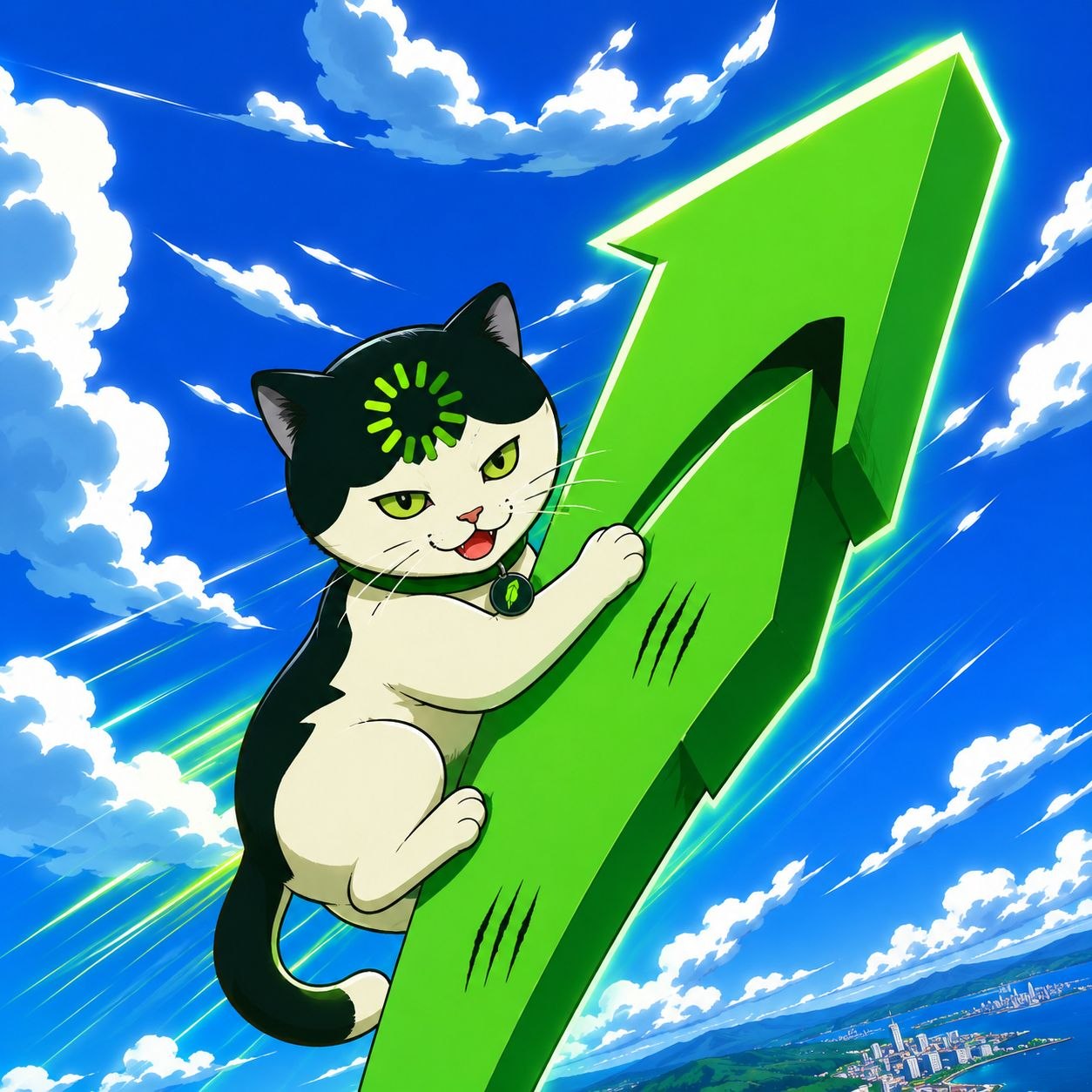 Loading Cat riding a green arrow through the sky